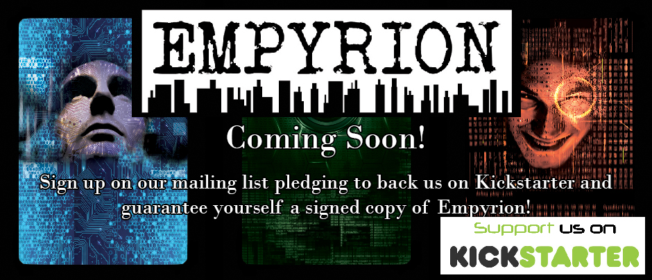 Empyrion banner art — masked faces over a dystopian skyline